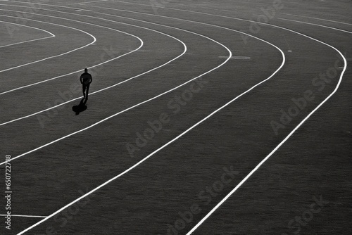A person walking on a track in a captivating black and white scene