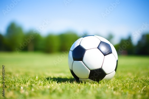 A soccer ball on a vibrant green field © Virginie Verglas