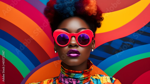 African woman with rainbow colors make up, wearing fashionable colorful sunglasses, in style of afrofuturism