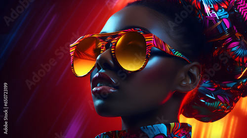 African woman with rainbow colors make up  wearing fashionable colorful sunglasses  in style of afrofuturism