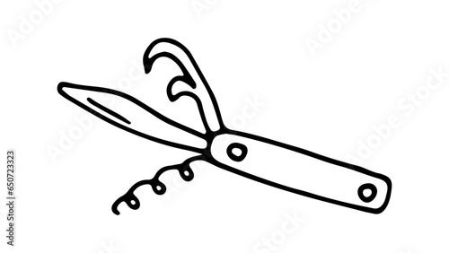 Doodle Jackknife. Editable hand drawing, black contour outline icon on white background for Hiking and Camping