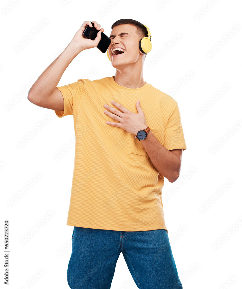 Fototapeta premium Happy man, headphones and karaoke with phone in studio for music, radio or audio with smile on transparent png background. Listen, singing and person with digital media streaming sound or podcast