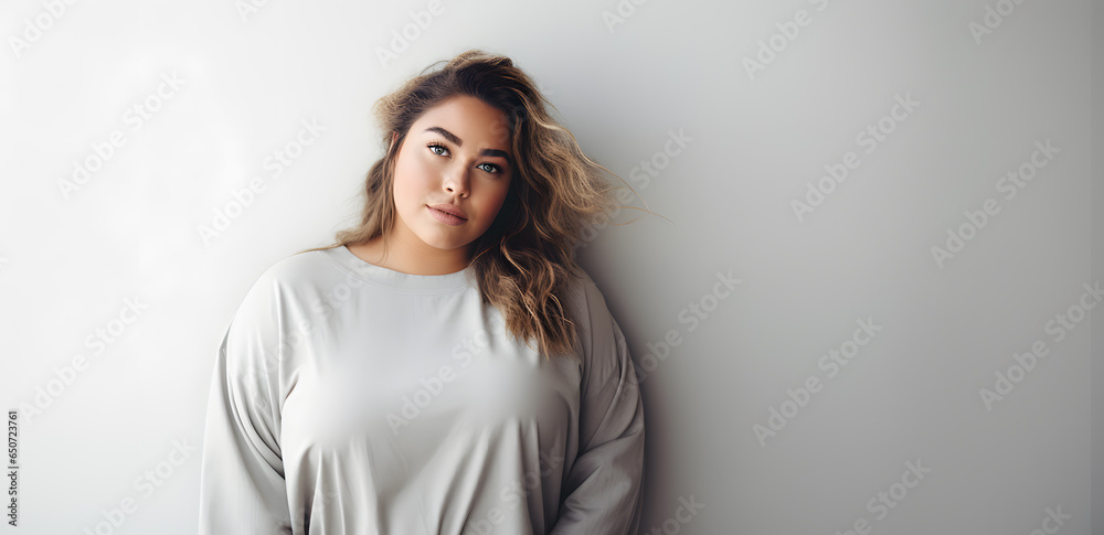 Beautiful  plus size young woman with long hair portrait. Body positive, plus size concept