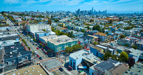 Photography Aerial Castro District rainbow crosswalks with skyscraper view of downtown San F