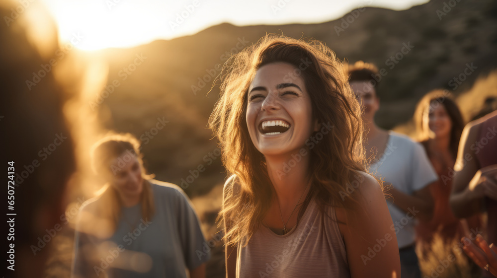 Young woman leading a group of people in laughter yoga session on a mountaintop at sunrise, their laughter echoes through the serene landscape as they embrace the healing power of laughter and nature - obrazy, fototapety, plakaty 