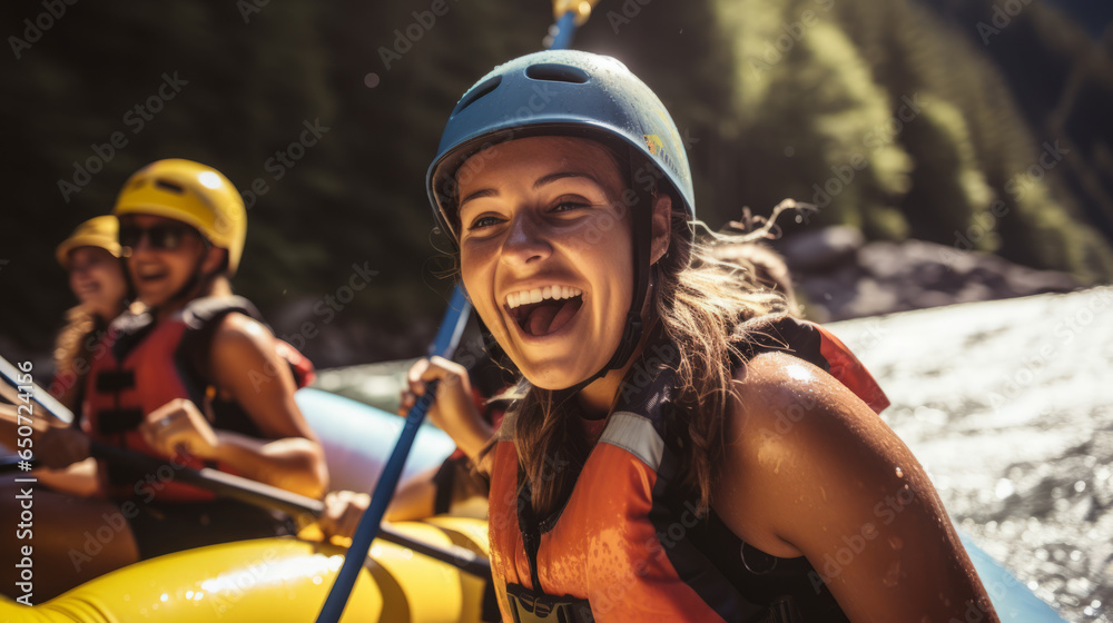 Young woman on a thrilling white-water rafting expedition. She commands the raft with confidence through challenging rapids, creating an unforgettable outdoor experience with her friends. - obrazy, fototapety, plakaty 