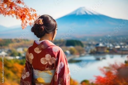 Elegant Kimono Beauty Against Mount Fuji