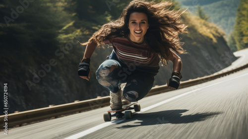 Young woman participating in a high-speed downhill longboarding race. She leans into sharp turns, hurtling down a winding mountain road, and the adrenaline rush is palpable in the photo. photo