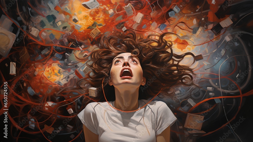 Illustrative concept depicting ADHD- Attention Deficit Hyperactivity Disorder. A confused individual surrounded by a flurry of scattered, exploding thoughts, symbolizing the overwhelming mental chaos. - obrazy, fototapety, plakaty 