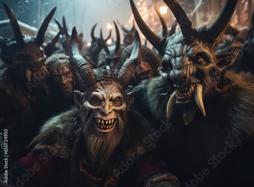 A group of people with horns at the Krampus Night festival © cherezoff