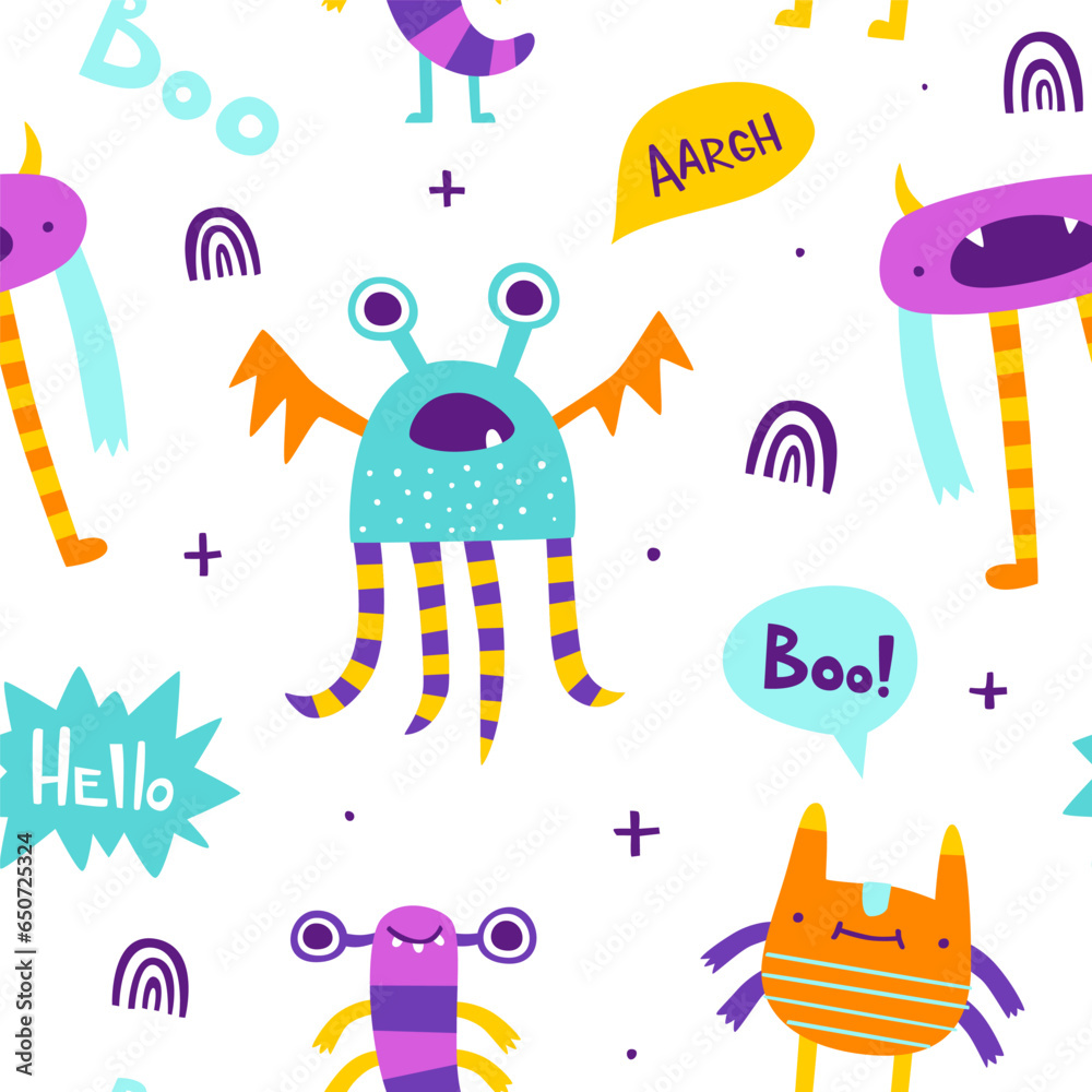 Seamless pattern with colorful monsters. Abstract vector print with naive monsters for kids textile.