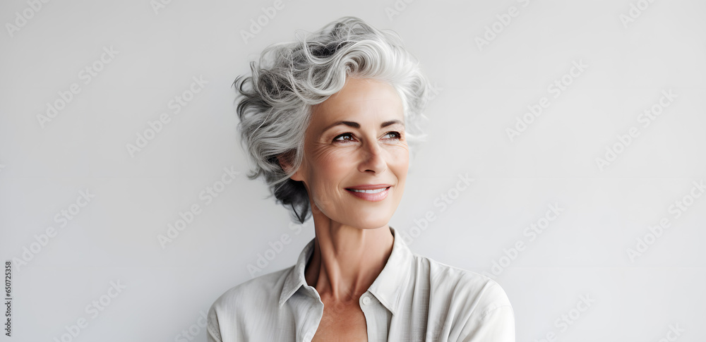 Beautiful mature elderly woman portrait isolated on light grey background - obrazy, fototapety, plakaty 