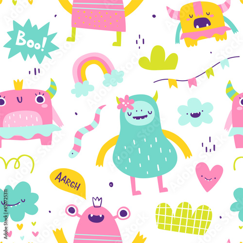 Cute girly pattern with funny pink monsters. Seamless vector print with abstract monster girls for baby textile.