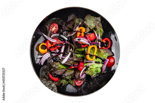 fresh salad snack oak leaf, tomato, onion, sweet pepper appetizer meal food on the table copy space food background rustic top view 