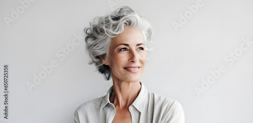 Beautiful mature elderly woman portrait isolated on light grey background photo