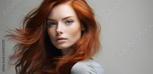 Portrait of beautiful young woman with red hair and freckles isolated on light grey background