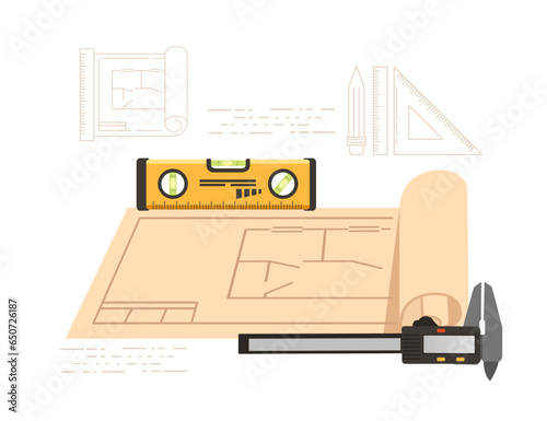 Blueprint level and measuring device vector illustration on white background