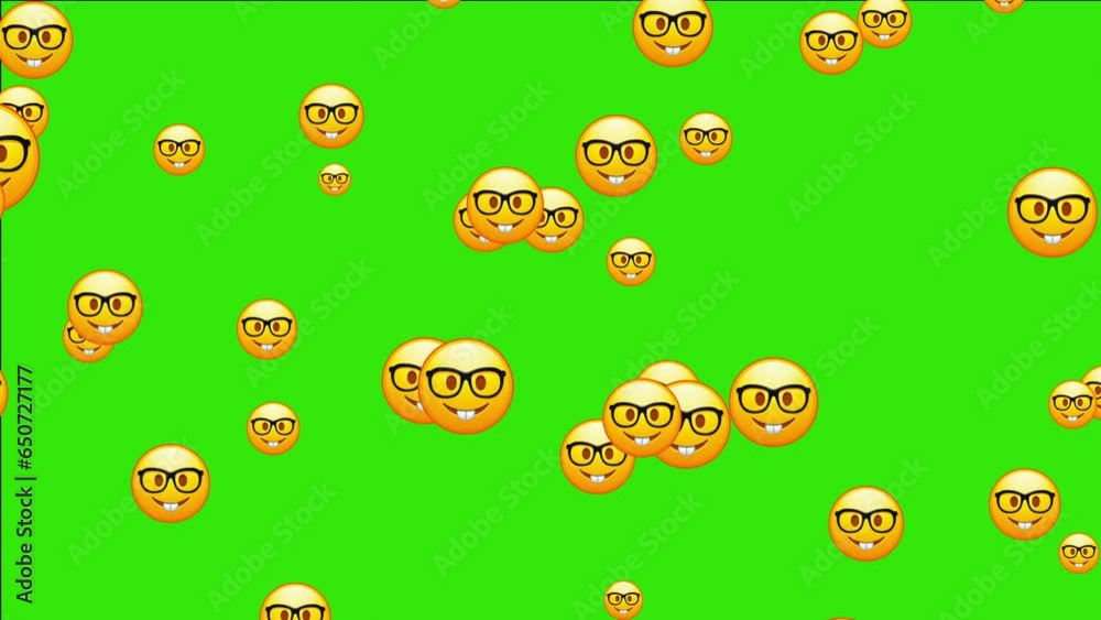 Nerd emoji. Emoticon with transparent glasses, funny yellow face with black-rimmed eyeglasses. Animated falling emojis. Social media icons symbol animation with green screen background.