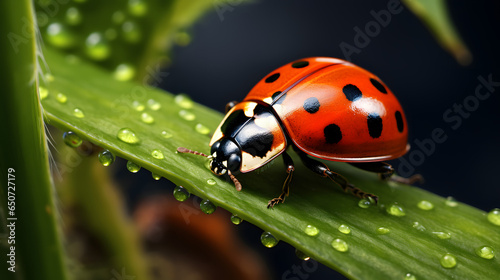 Macro shot of a ladybug crwaling on a freshly sprouted green leaf highlighting small water drops in the detailed shot © JJ1990