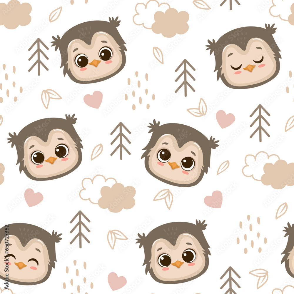 Fototapeta premium Seamless pattern with cute cartoon owl. Head owlet. Hand drawn forest background with clouds, hearts and tree. Vector