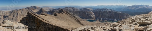 Panorama view of high rock wall and other peaks near Mount Whitney in Sierra Nevada in America