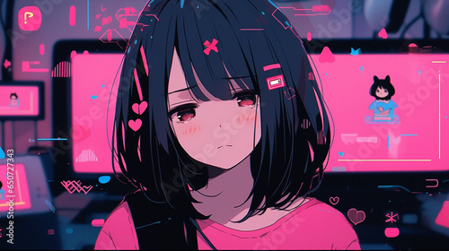 anime shy crybaby beautiful girl screenshot, gradient color background photo