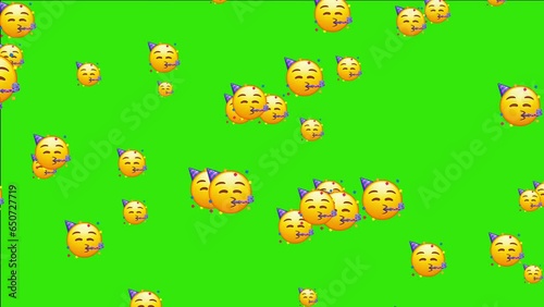 Emoticon with party horn and hat, celebrating. Animated falling emojis. Social media icons symbol animation with green screen background.