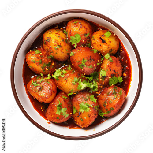 top view of indian food Dum Aloo isolated on a transparent white background  photo