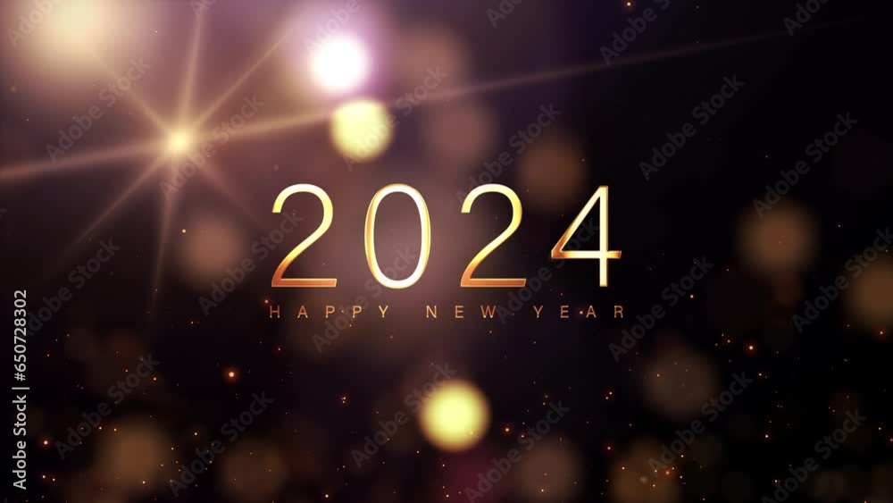 Happy New Year 2024 Golden text with flow gold Bokeh particles and fire ...