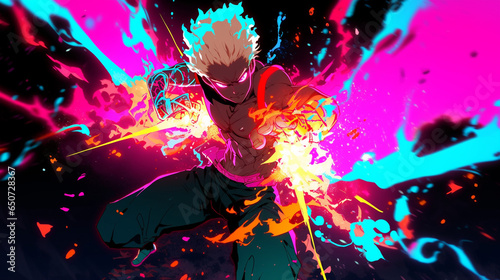 cool action pose anime for hero male fighter character, fire sparks, blurred background