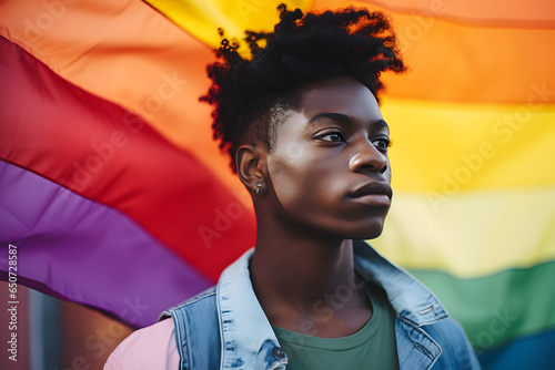 Afroamerican young man standing next to lgbtq rainbow flag