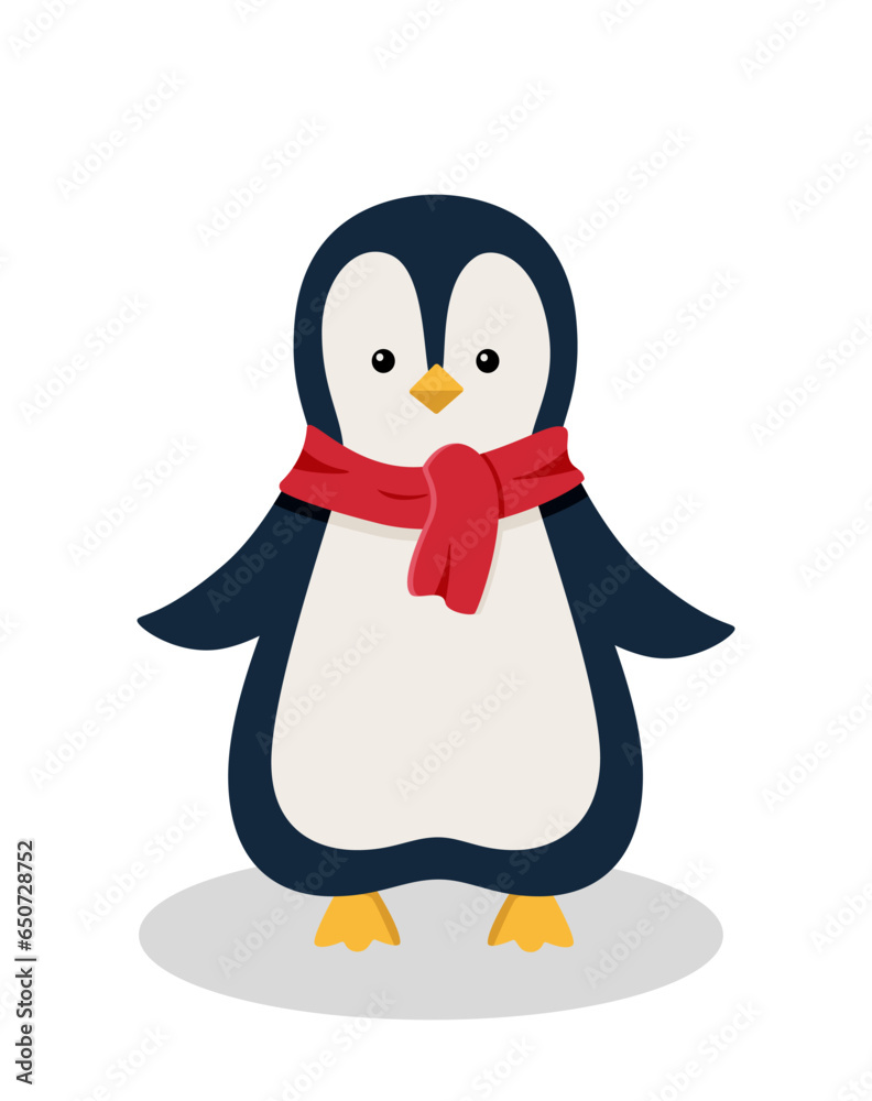 Fototapeta premium Cute cartoon penguin in a warm red scarf. Vector illustration of the concept of winter holidays, New Year and Christmas.