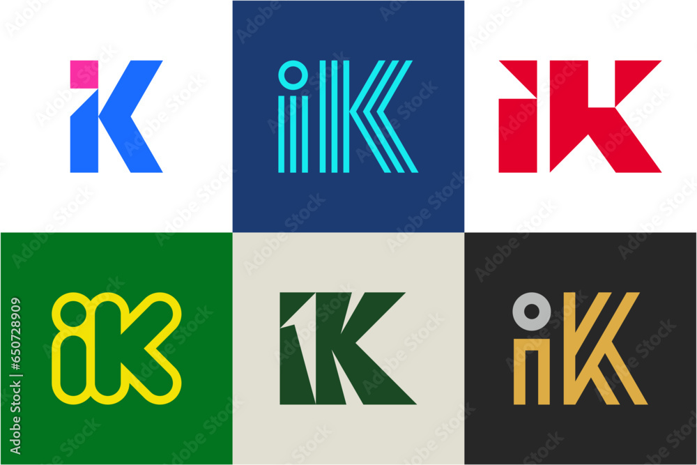 Set of letter IK logos. Abstract logos collection with letters. Geometrical abstract logos Set of letter IK logos. Abstract logos collection with letters. Geometrical abstract logos