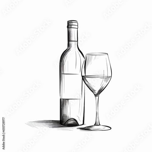 A bottle and a glass of wine illustration, simple sketch, silhouette on white background, doodle minimalistic style