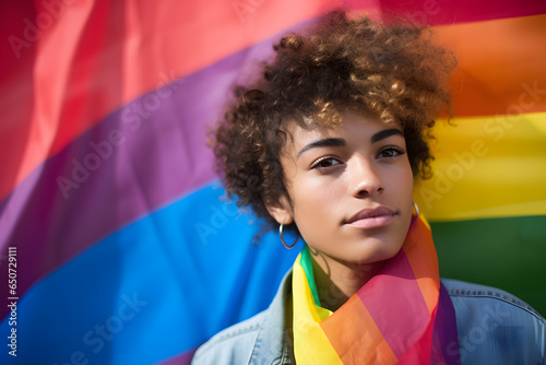 Afroamerican young woman standing next to lgbtq rainbow flag