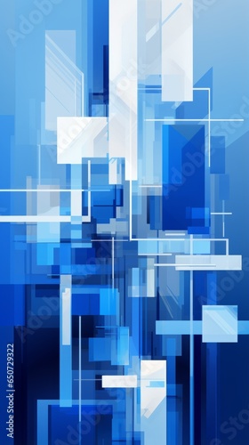 An abstract composition of blue and white geometric shapes