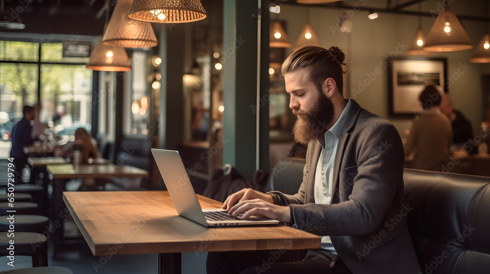 Young man using laptop in cafeor restaurant