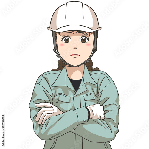 The facial expression of a female maintenance staff in a bad temper, with her arms crossed, wearing a safety helmet and gloves