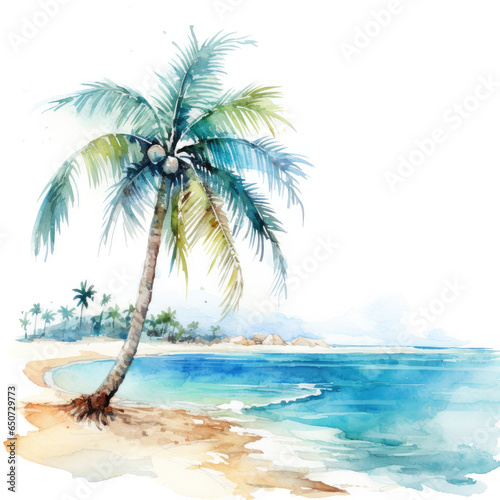 Tropical summer travel vacation illustration - Watercolor painting of palms, palm tree beach with ocean sea, sunset or sunrise, design for logo or t shirt, isolated on white background