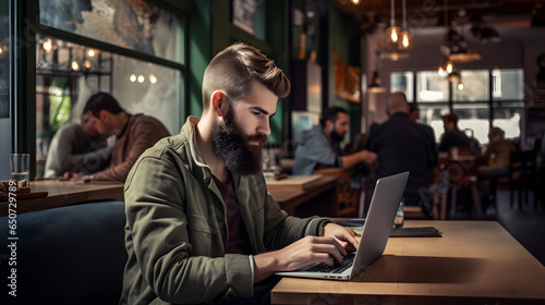 Young man using laptop in cafeor restaurant © Oksana