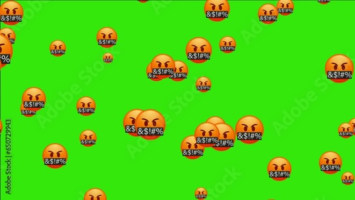 Angry swearing emoji. Emoticon with swear words censored by grawlix symbols. Angry red face. Animated falling emojis. Social media icons symbol animation with green screen background.