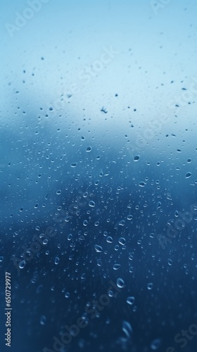Raindrops on a window with a vibrant blue sky in the background