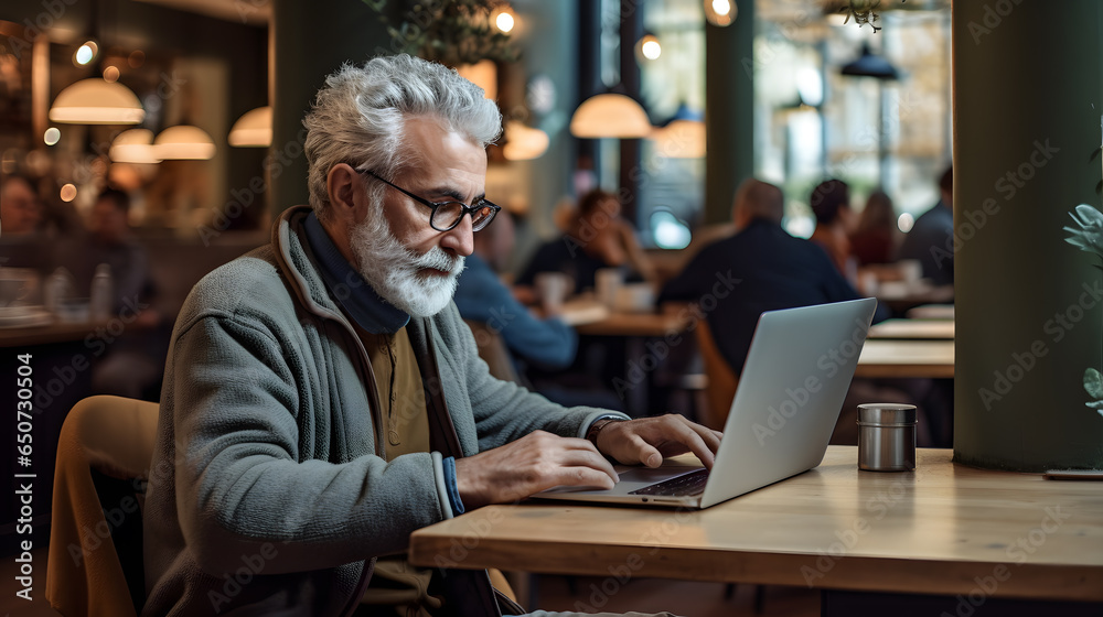 Elderly man using laptop in cafe or restaurant Elderly man using laptop in cafe or restaurant