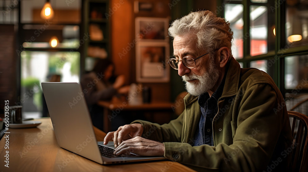Elderly man using laptop in cafe or restaurant Elderly man using laptop in cafe or restaurant