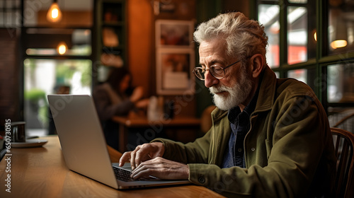 Elderly man using laptop in cafe or restaurant