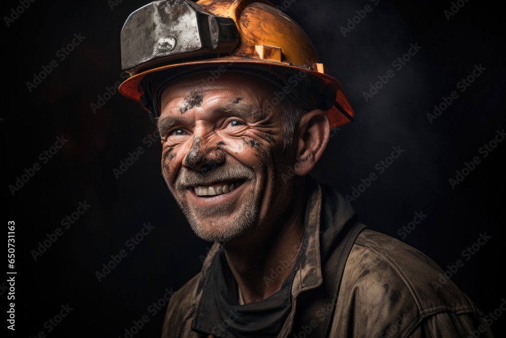 Portrait of a middle aged tired but happy miner man in helmet with dirty face, looking at camera.