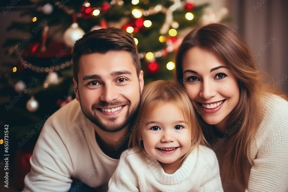 Photo of a family posing in front of a beautifully decorated Christmas tree