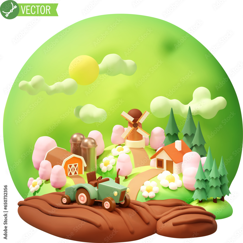 Fototapeta premium Vector spring rural farm landscape. Countryside nature. Green fields, windmill, silos, barn, farm buildings. Tractor sowing the field, blooming trees