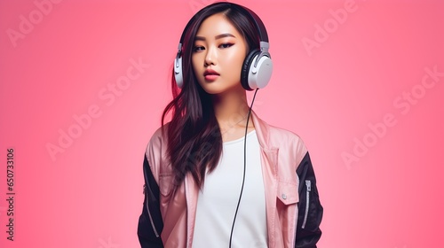 Asian teenage girl listening to music on backdrop of a pink wall