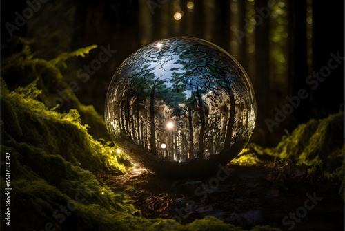 a large dented reflective shiny stainless steel ball sitting on the ground in an oldgrowth forest with two lights shining towards it at night long exposure dramatic lighting reflective light 